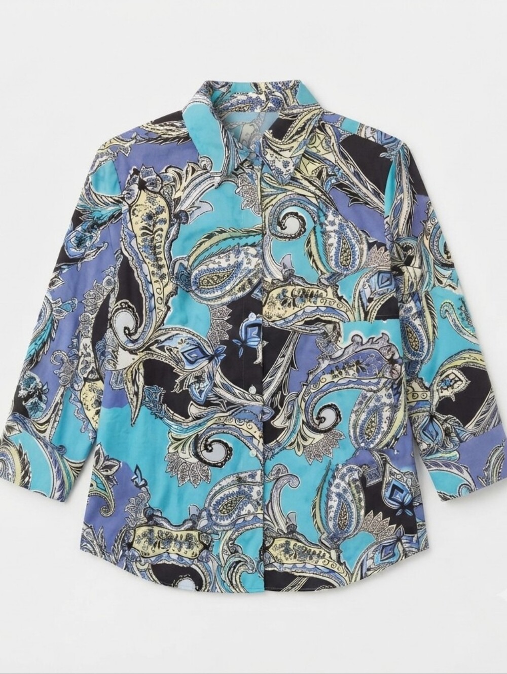 Chico's No-Iron Blouse Women's Size 1 (Small/Medium) Blue Paisley Print Button-U